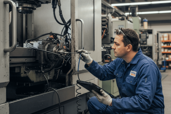 Engineers reviewing machine diagnostics on a laptop