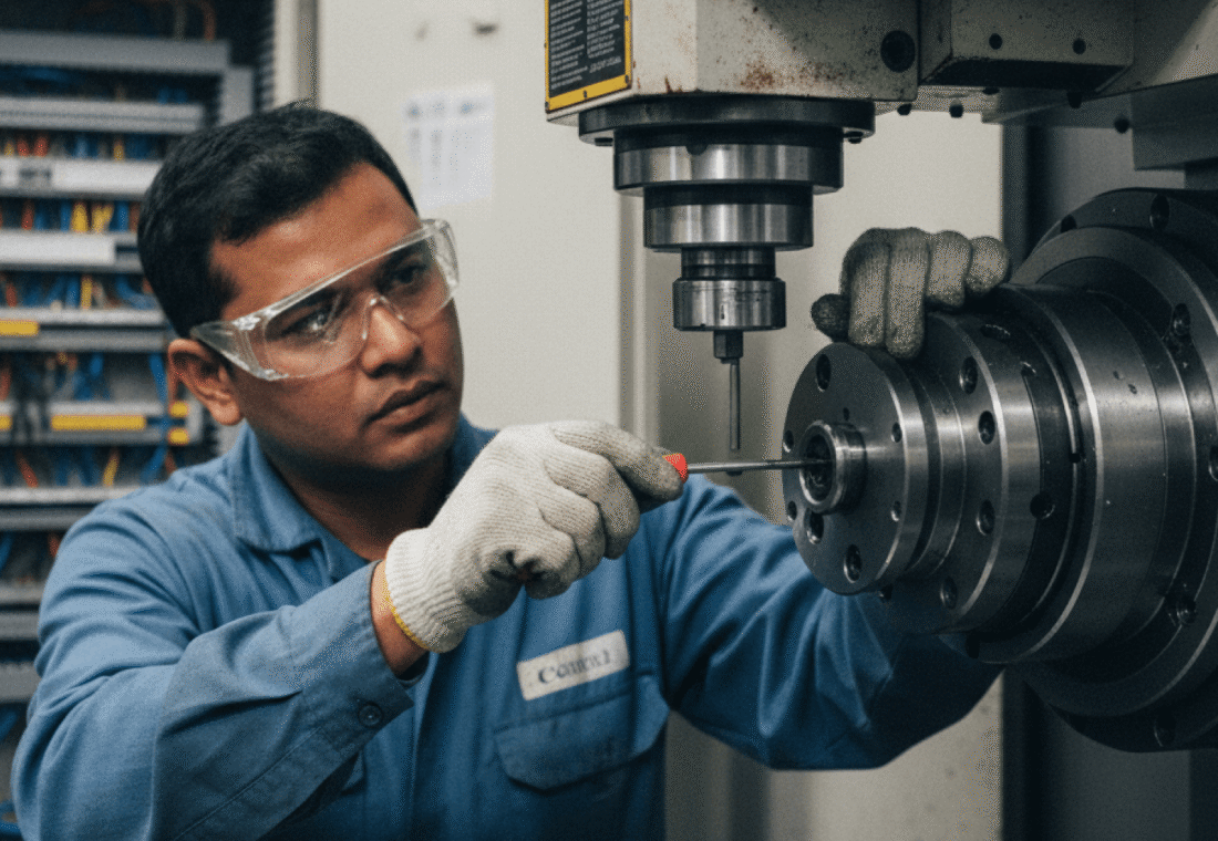 PMIS engineers reviewing robotic-arm diagnostics on a laptop on the factory floor