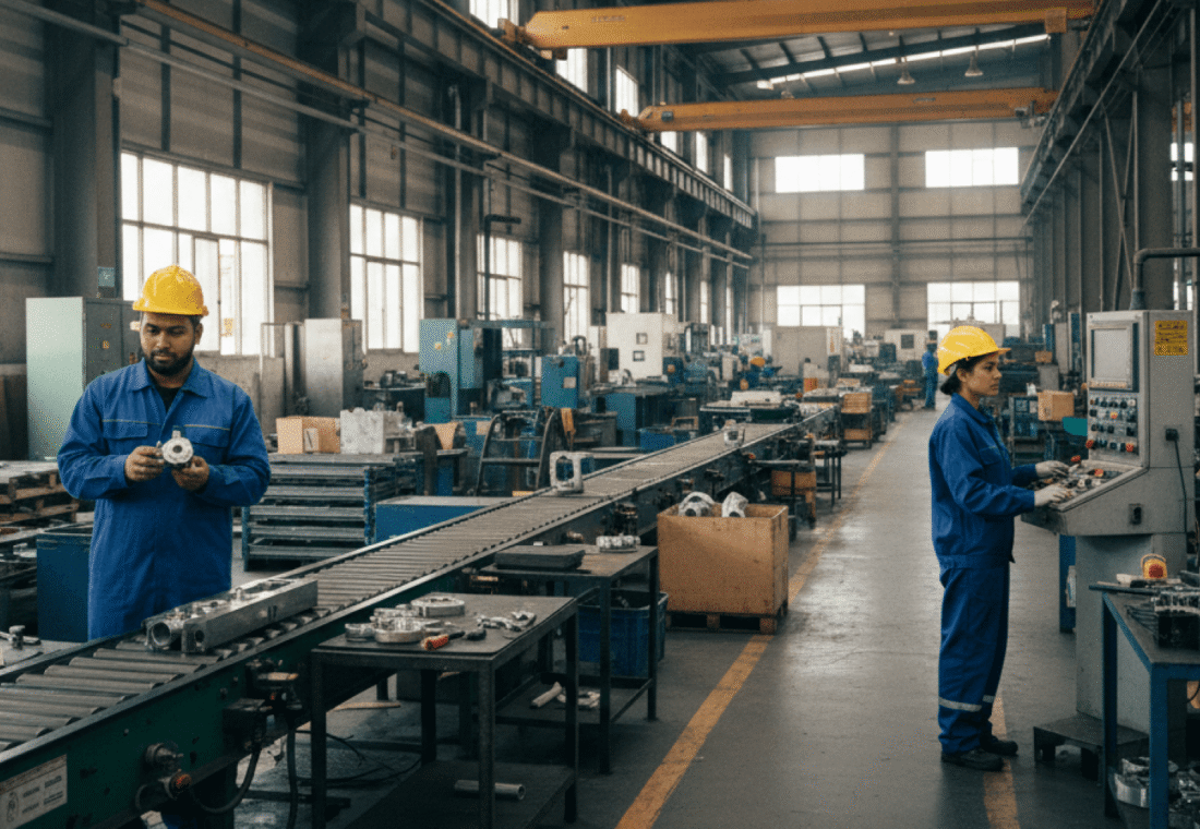Engineer monitoring an automated production line on a tablet